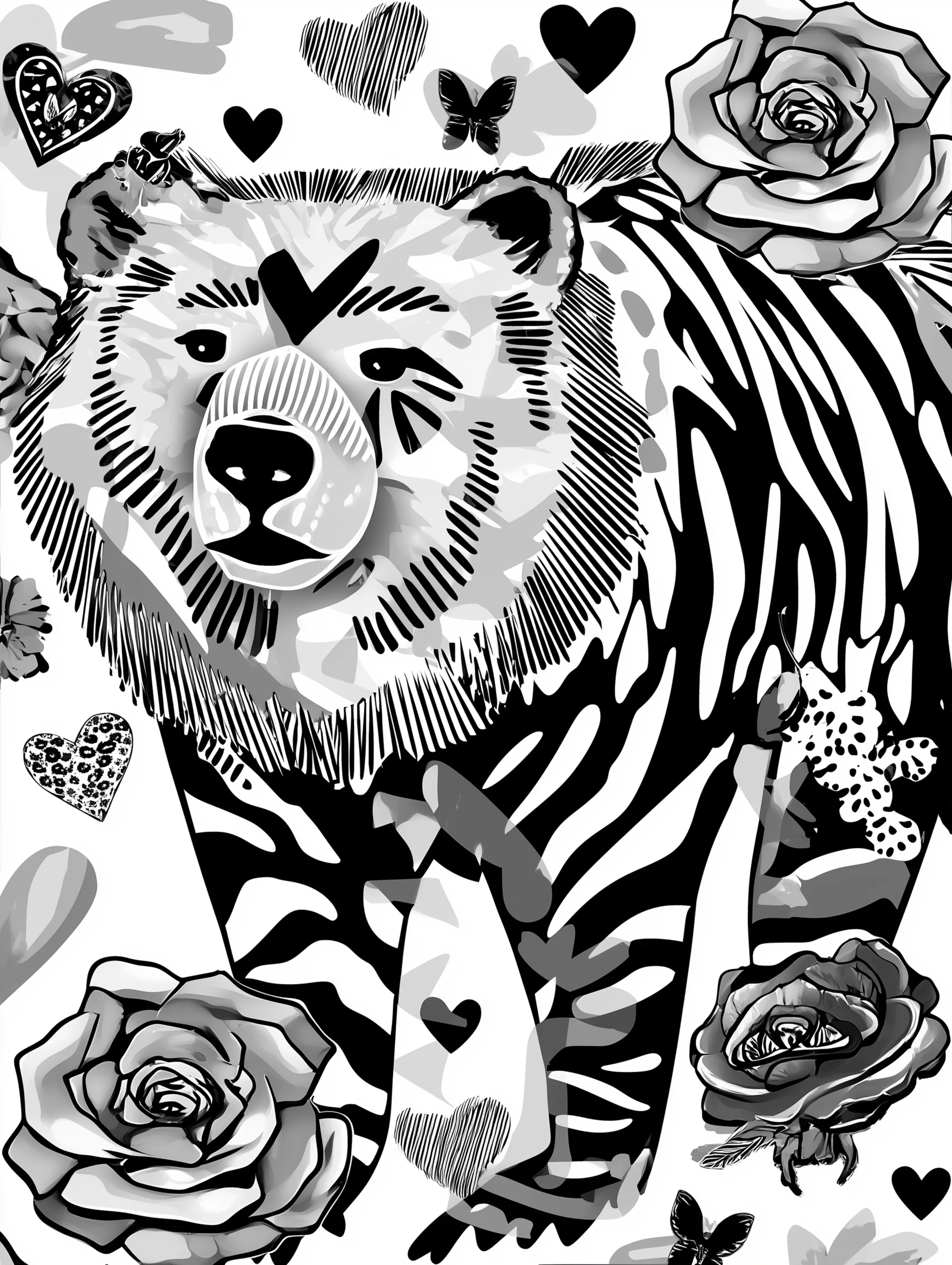 Free printable bear coloring book page featuring a bear with v-shaped eyebrows